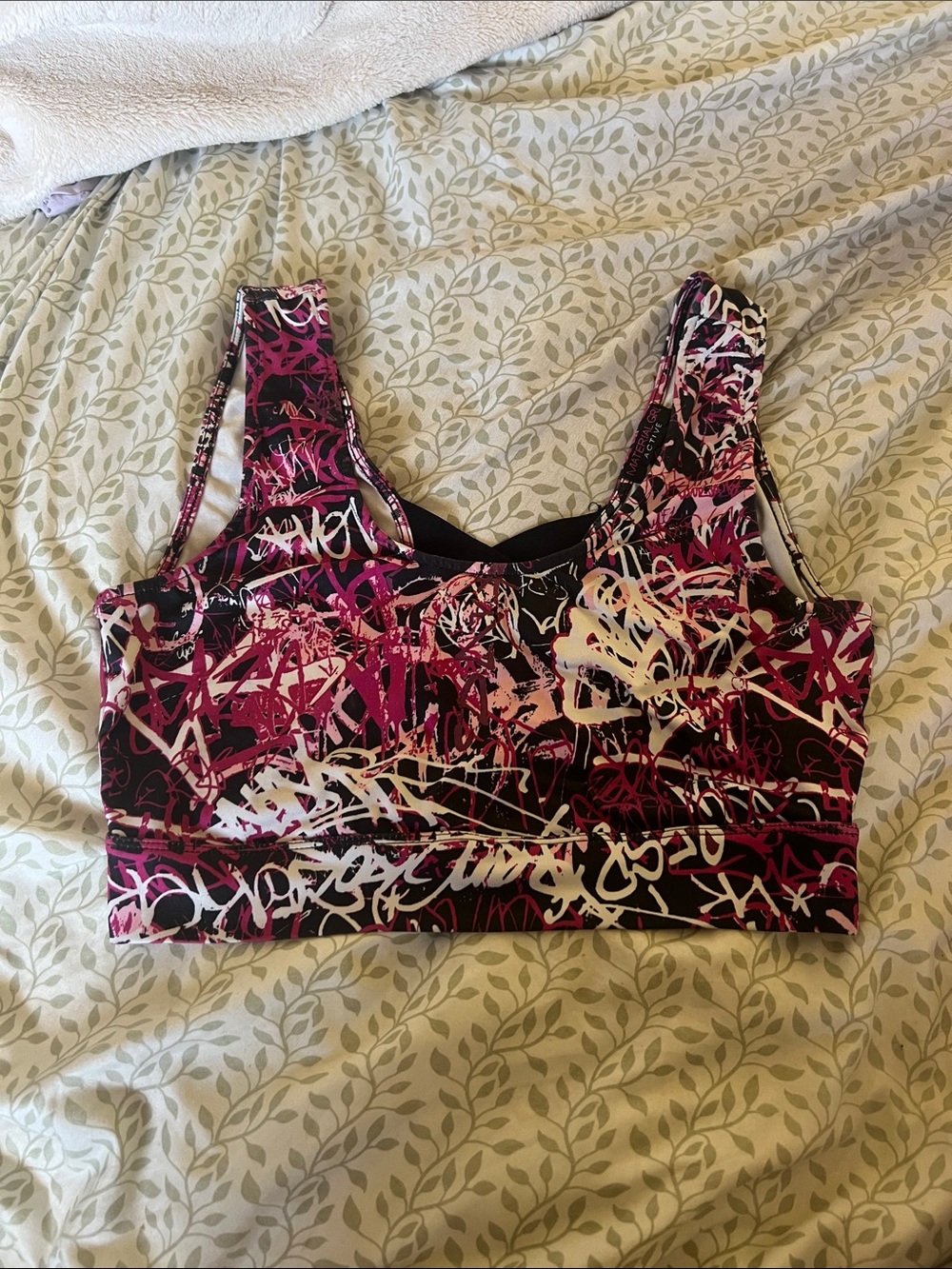 Material Girl Black and Pink Graffiti-Print Sports Bra